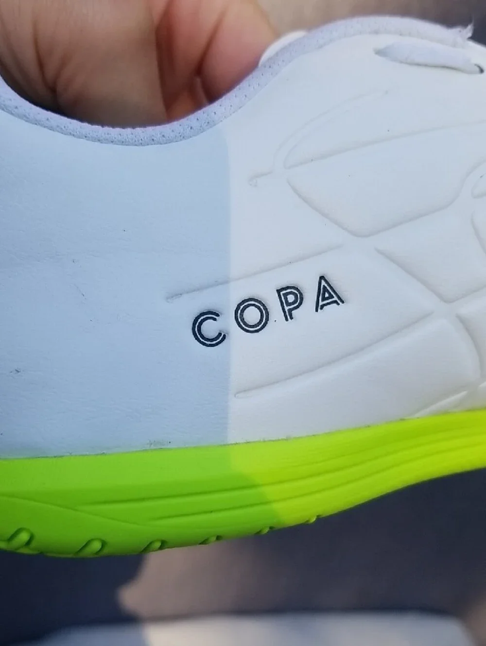 adidas Copa Pure.4 White Indoor Soccer Shoes with Lucid Lemon Accents Men's 9